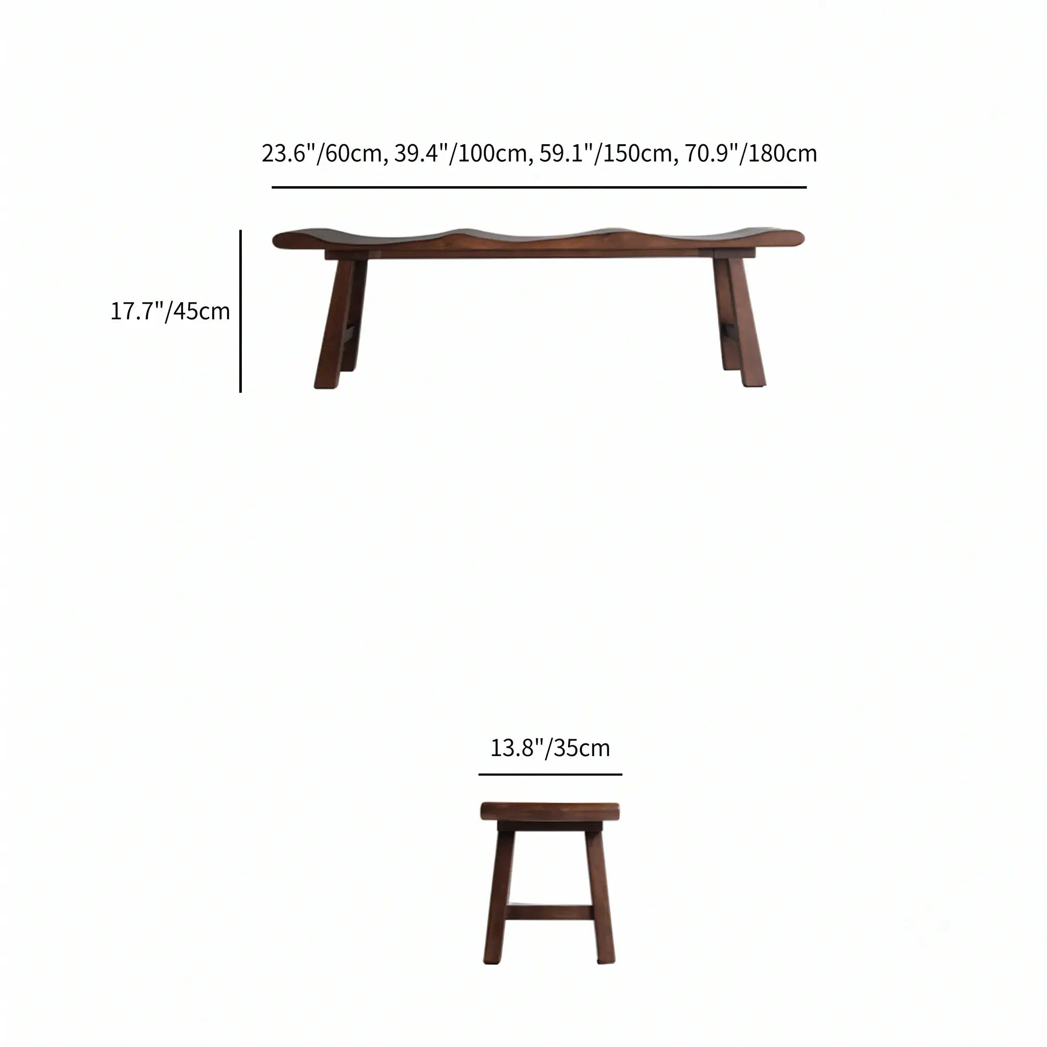 Solid Wood Bench with Wabi-Sabi Wave Seat and Hand-Finished Elm Texture Dimensions