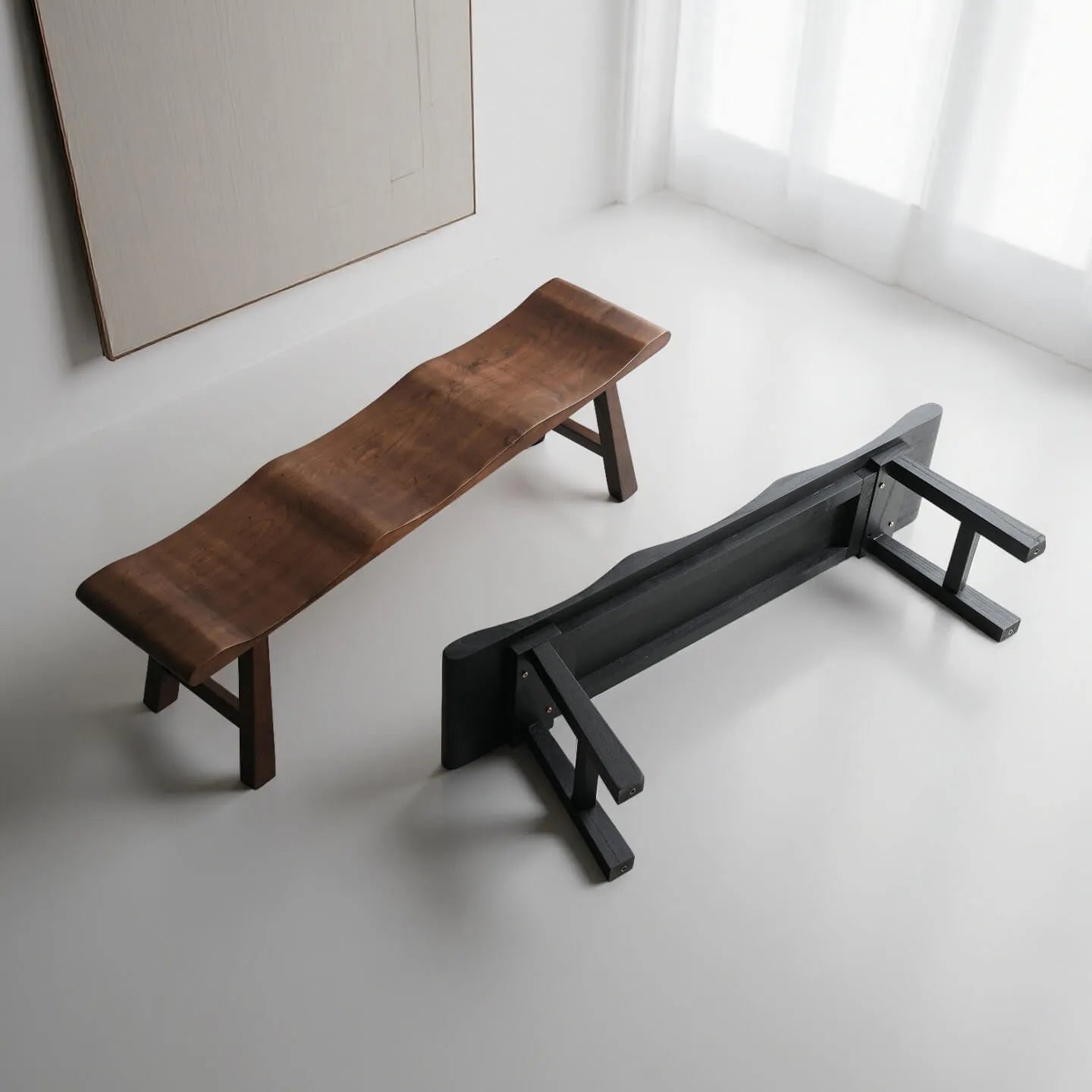 Solid Wood Bench with Wabi-Sabi Wave Seat and Hand-Finished Elm Texture Main Product Image