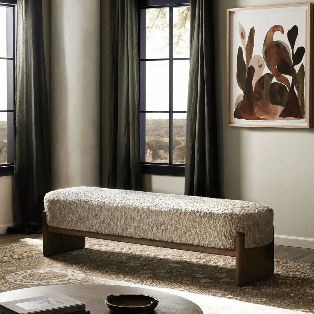 Solid Wood & Bouclé Indoor Bench with H-Frame Base