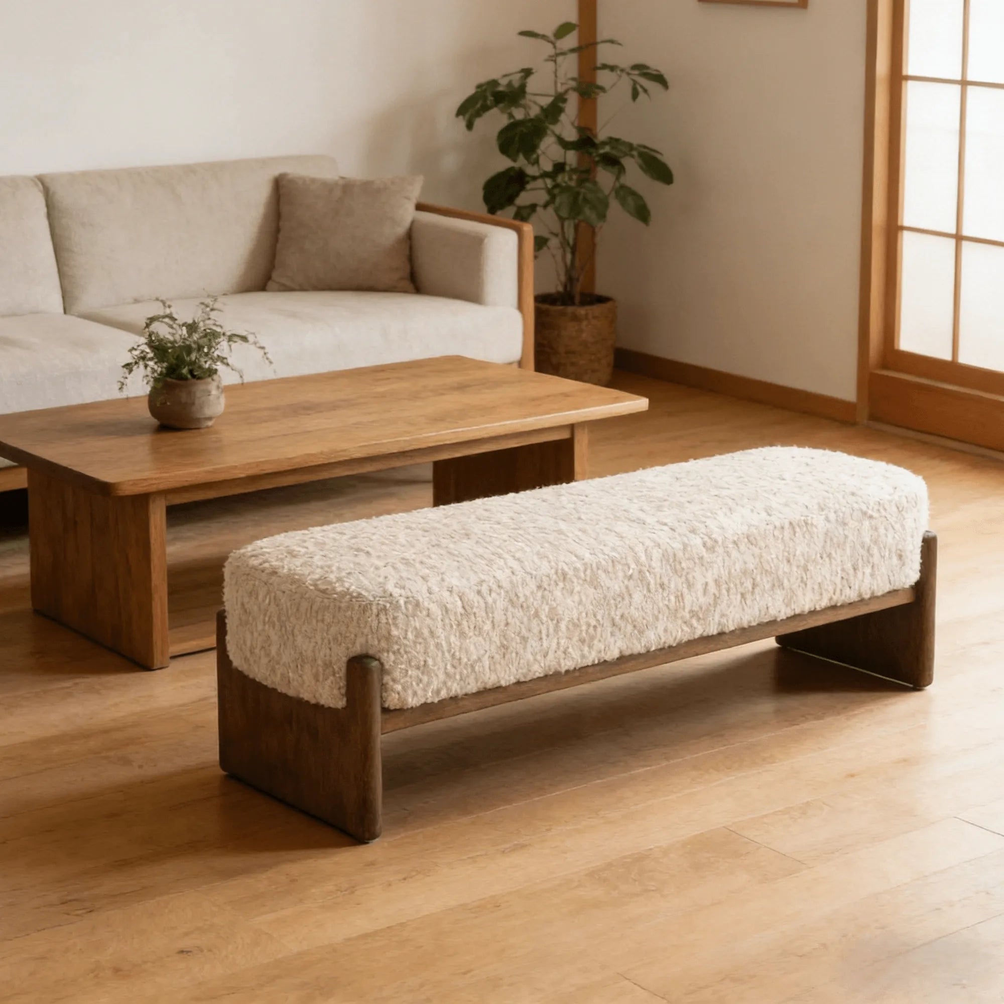 Solid Wood & Bouclé Indoor Bench with H-Frame Base Secondary image