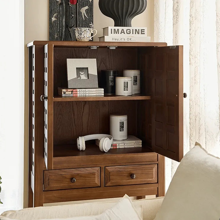 Solid Wood Cabinets with Geometric Relief, Vintage Display Storage