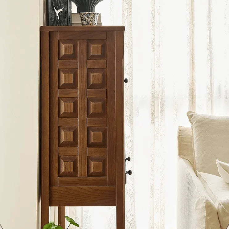 Solid Wood Cabinets with Geometric Relief, Vintage Display Storage