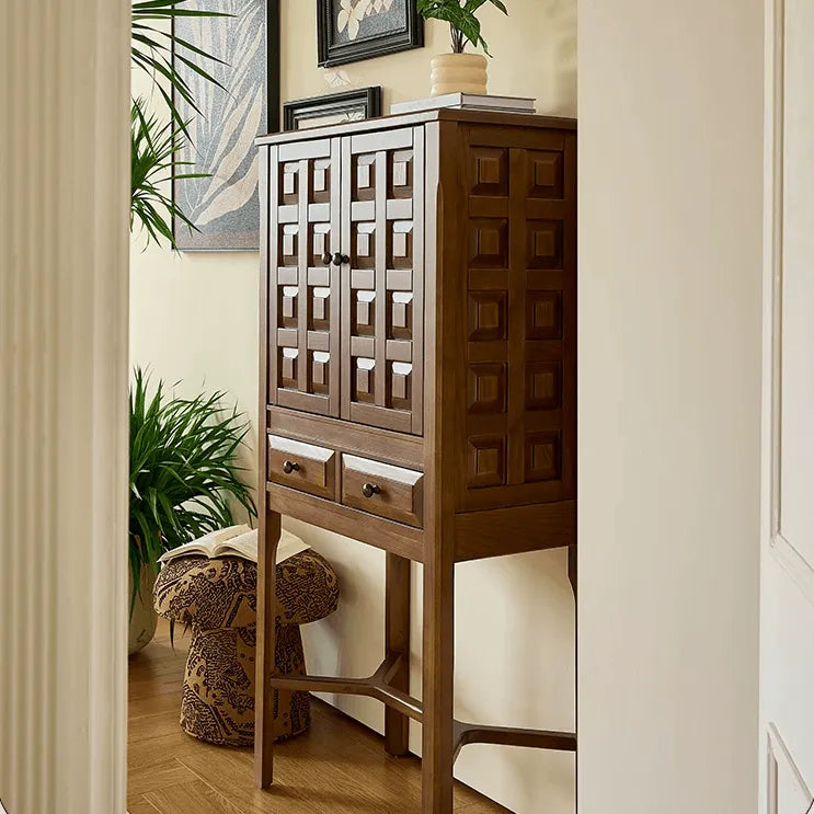 Solid Wood Cabinets with Geometric Relief, Vintage Display Storage
