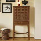Solid Wood Cabinets with Geometric Relief, Vintage Display Storage