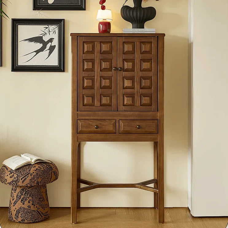 Solid Wood Cabinets with Geometric Relief, Vintage Display Storage