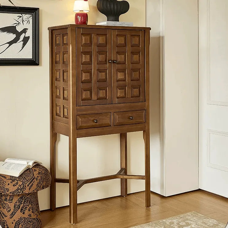 Solid Wood Cabinets with Geometric Relief, Vintage Display Storage