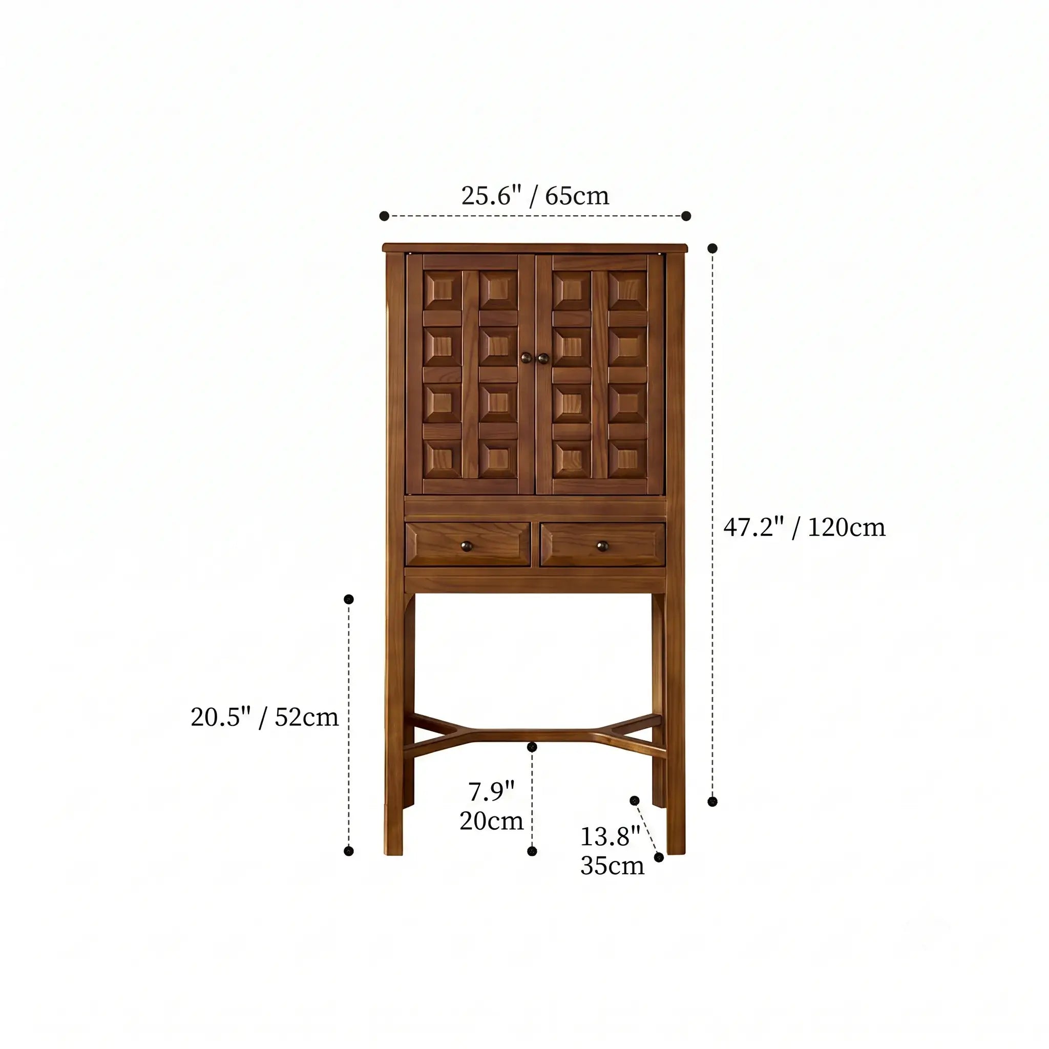 Solid Wood Cabinets with Geometric Relief, Vintage Display Storage Dimensions