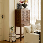 Solid Wood Cabinets with Geometric Relief, Vintage Display Storage Main Product Image
