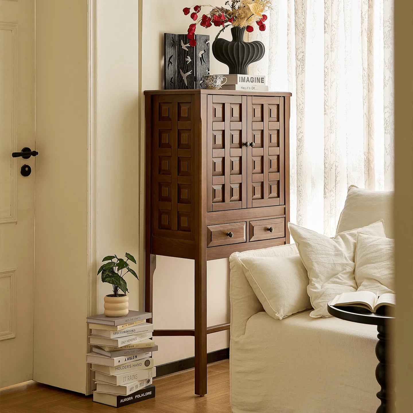 Solid Wood Cabinets with Geometric Relief, Vintage Display Storage Main Product Image