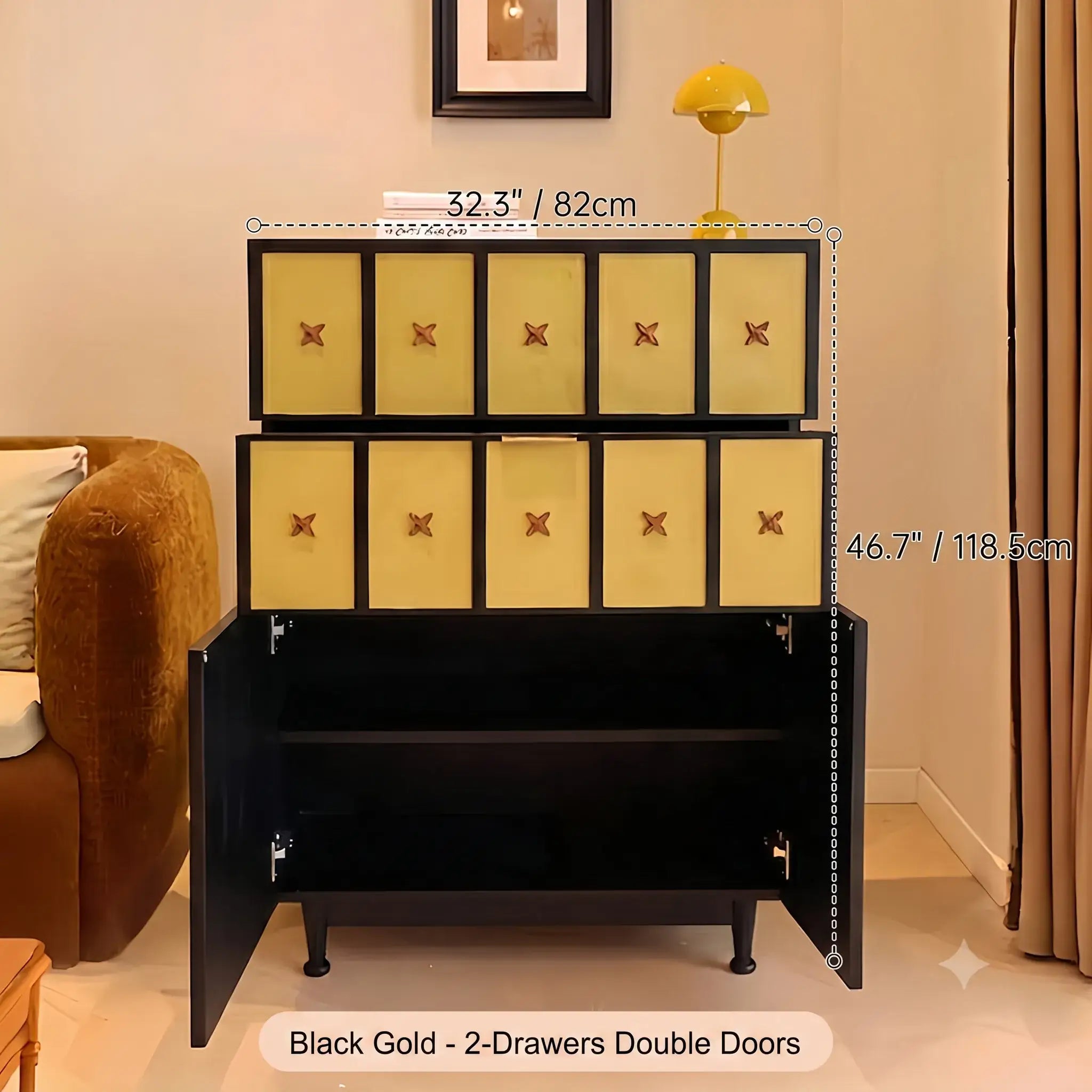 Solid Wood Cabinets with Vintage Brass Star Pulls and Flexible Storage