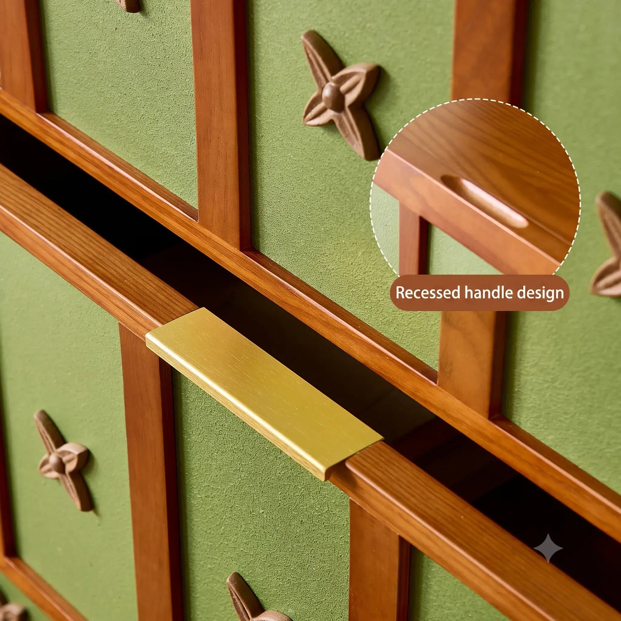 Solid Wood Cabinets with Vintage Brass Star Pulls and Flexible Storage