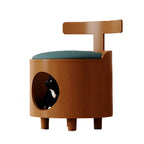 Solid Wood Cat Bed Stool With Curved Backrest and Teal Cushion