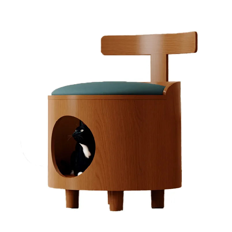 Solid Wood Cat Bed Stool With Curved Backrest and Teal Cushion