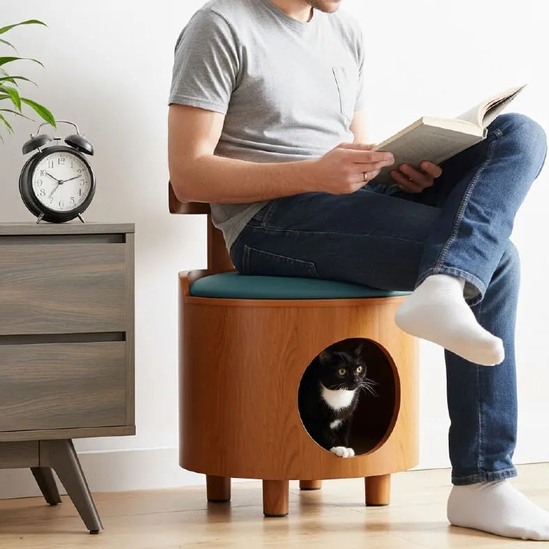 Solid Wood Cat Bed Stool With Curved Backrest and Teal Cushion サブ画像