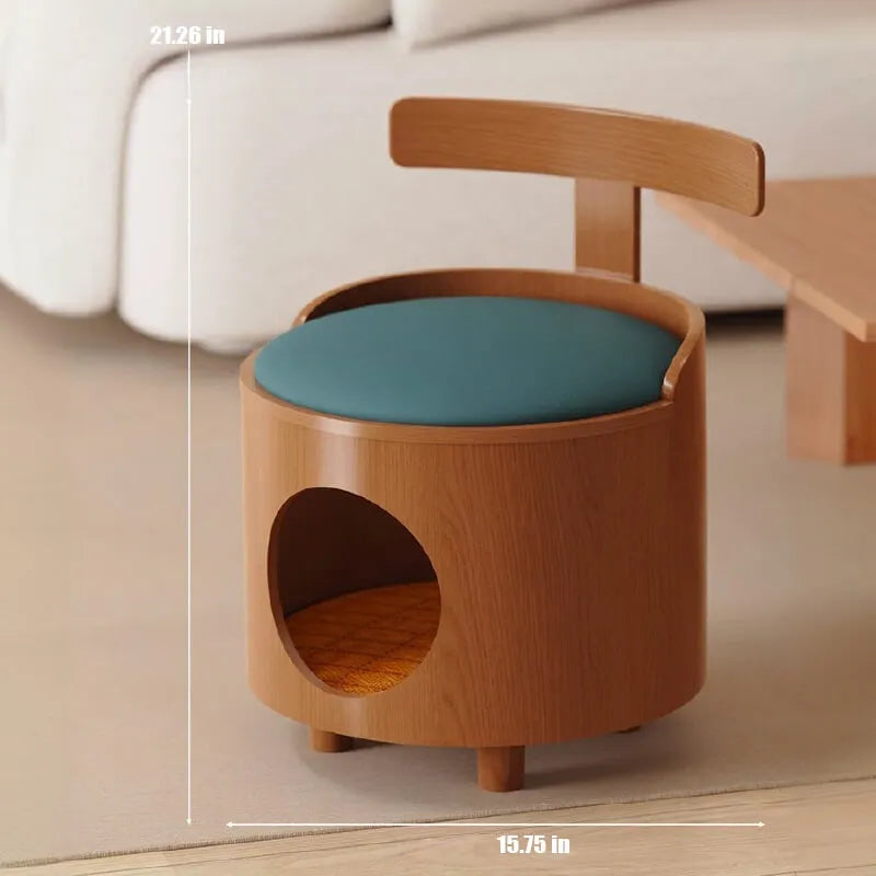 Solid Wood Cat Bed Stool With Curved Backrest and Teal Cushion