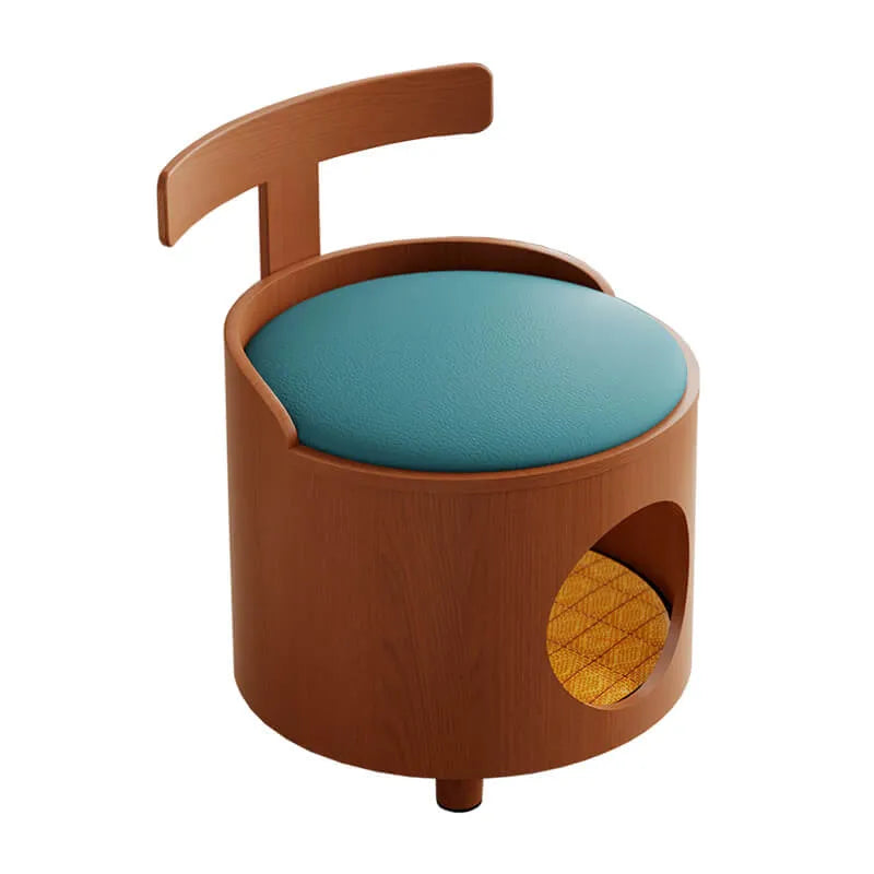 Solid Wood Cat Bed Stool With Curved Backrest and Teal Cushion