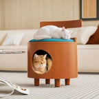 Solid Wood Cat Bed Stool With Curved Backrest and Teal Cushion