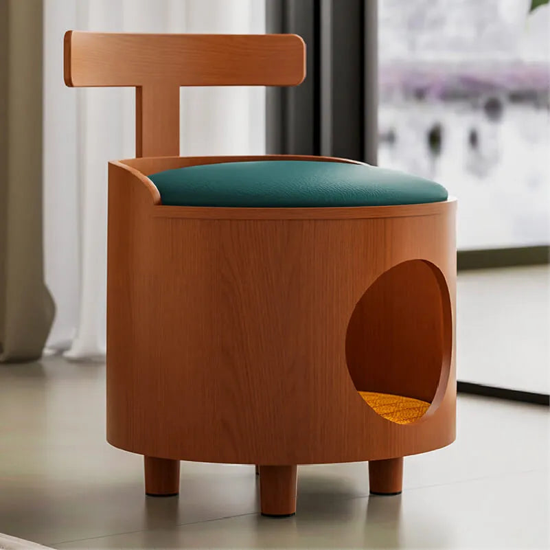 Solid Wood Cat Bed Stool With Curved Backrest and Teal Cushion