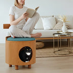 Solid Wood Cat Bed Stool With Curved Backrest and Teal Cushion Main Product Image