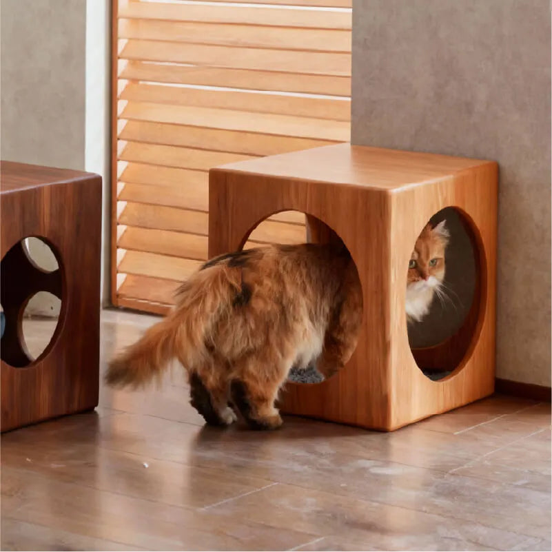 Solid Wood Cat Cube Stool and Side Table for Japandi Living