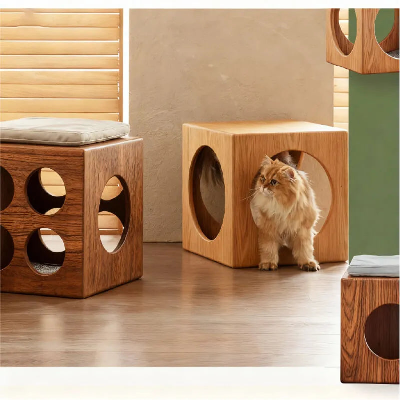 Solid Wood Cat Cube Stool and Side Table for Japandi Living