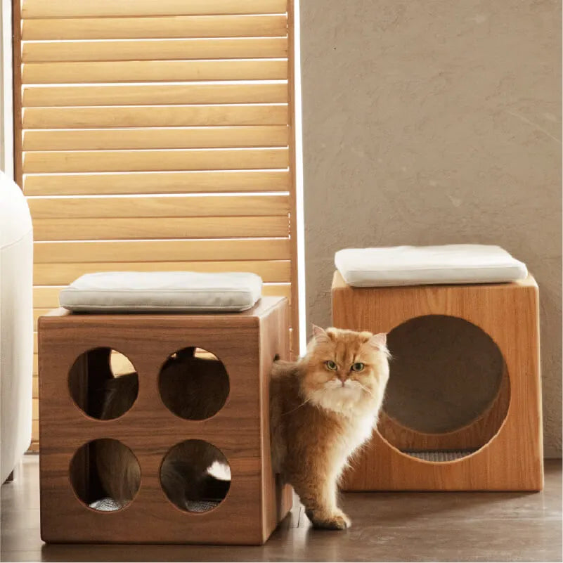 Solid Wood Cat Cube Stool and Side Table for Japandi Living
