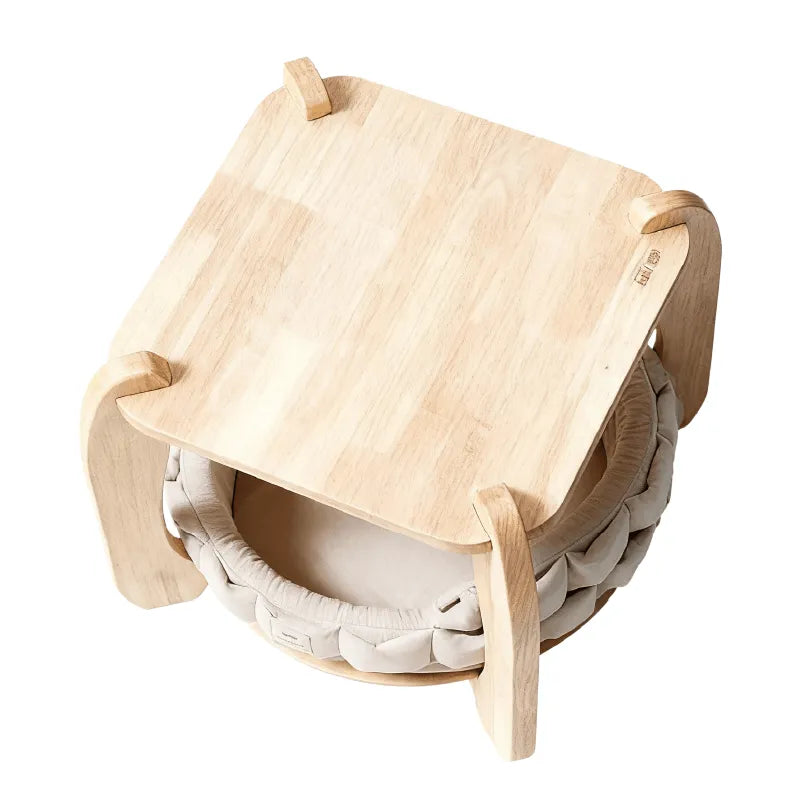 Solid Wood Cat House Side Table With Japandi Rounded Design