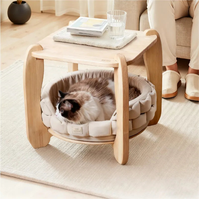 Solid Wood Cat House Side Table With Japandi Rounded Design Main Product Image メイン画像