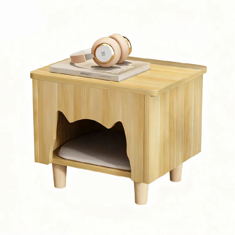 Solid Wood Cat Ottoman Side Table With Minimalist Cozy Nook
