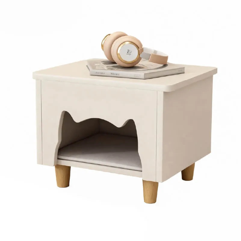 Solid Wood Cat Ottoman Side Table With Minimalist Cozy Nook
