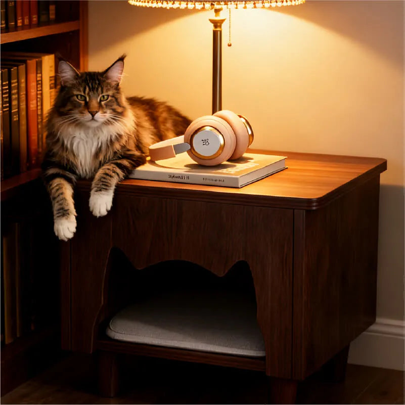Solid Wood Cat Ottoman Side Table With Minimalist Cozy Nook サブ画像