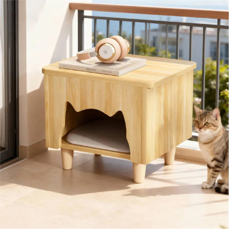 Solid Wood Cat Ottoman Side Table With Minimalist Cozy Nook