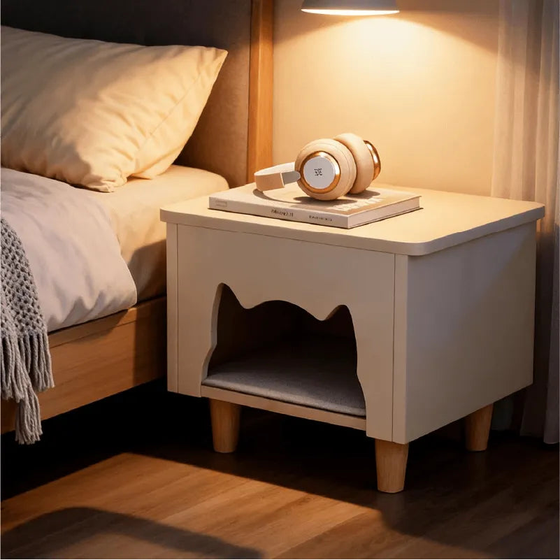 Solid Wood Cat Ottoman Side Table With Minimalist Cozy Nook