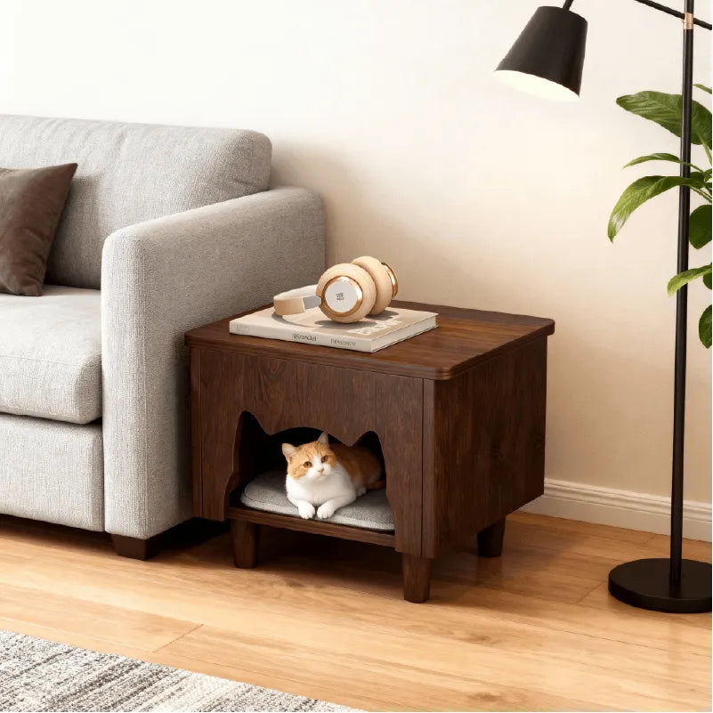 Solid Wood Cat Ottoman Side Table With Minimalist Cozy Nook