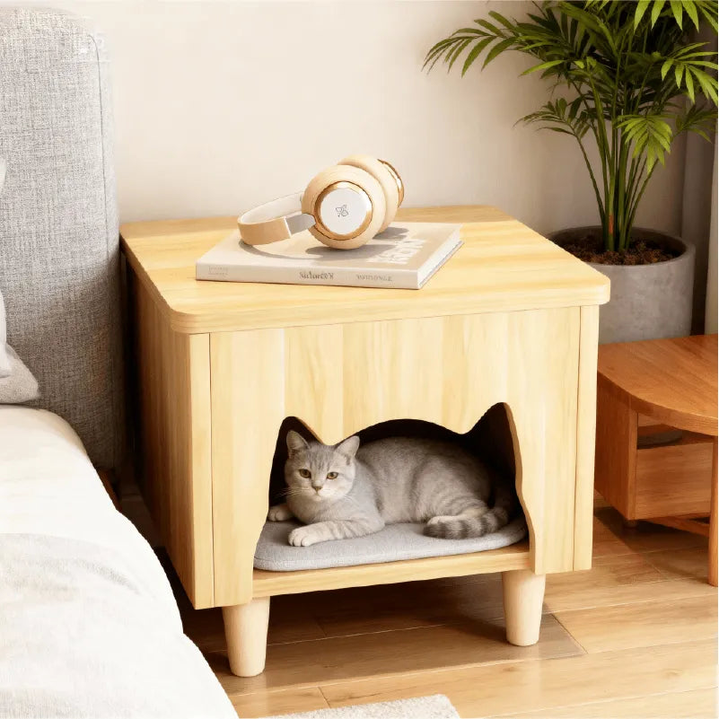Solid Wood Cat Ottoman Side Table With Minimalist Cozy Nook Main Product Image メイン画像