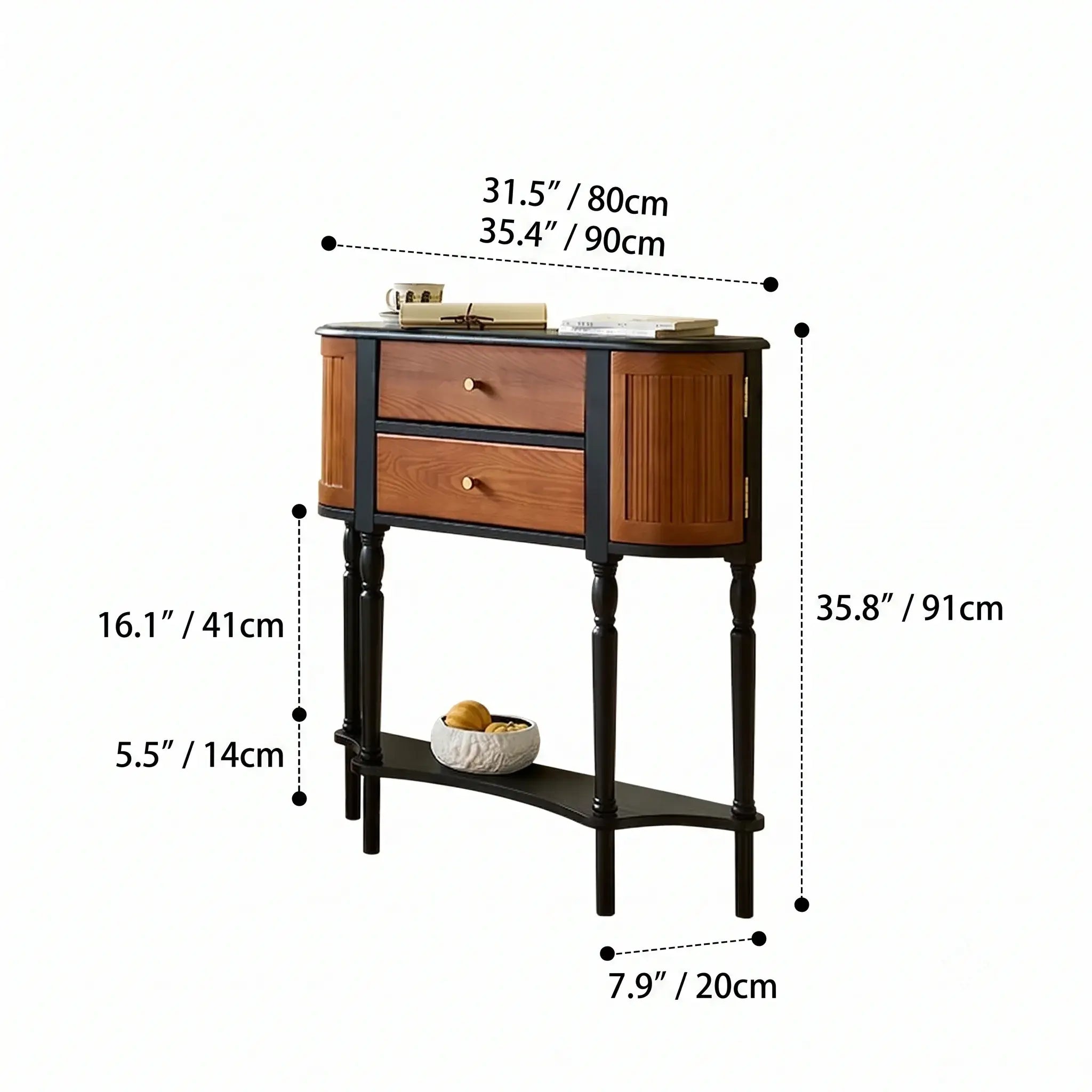 Solid Wood Console Table With French Pleated Detail and Drop-Leaf Storage Dimensions
