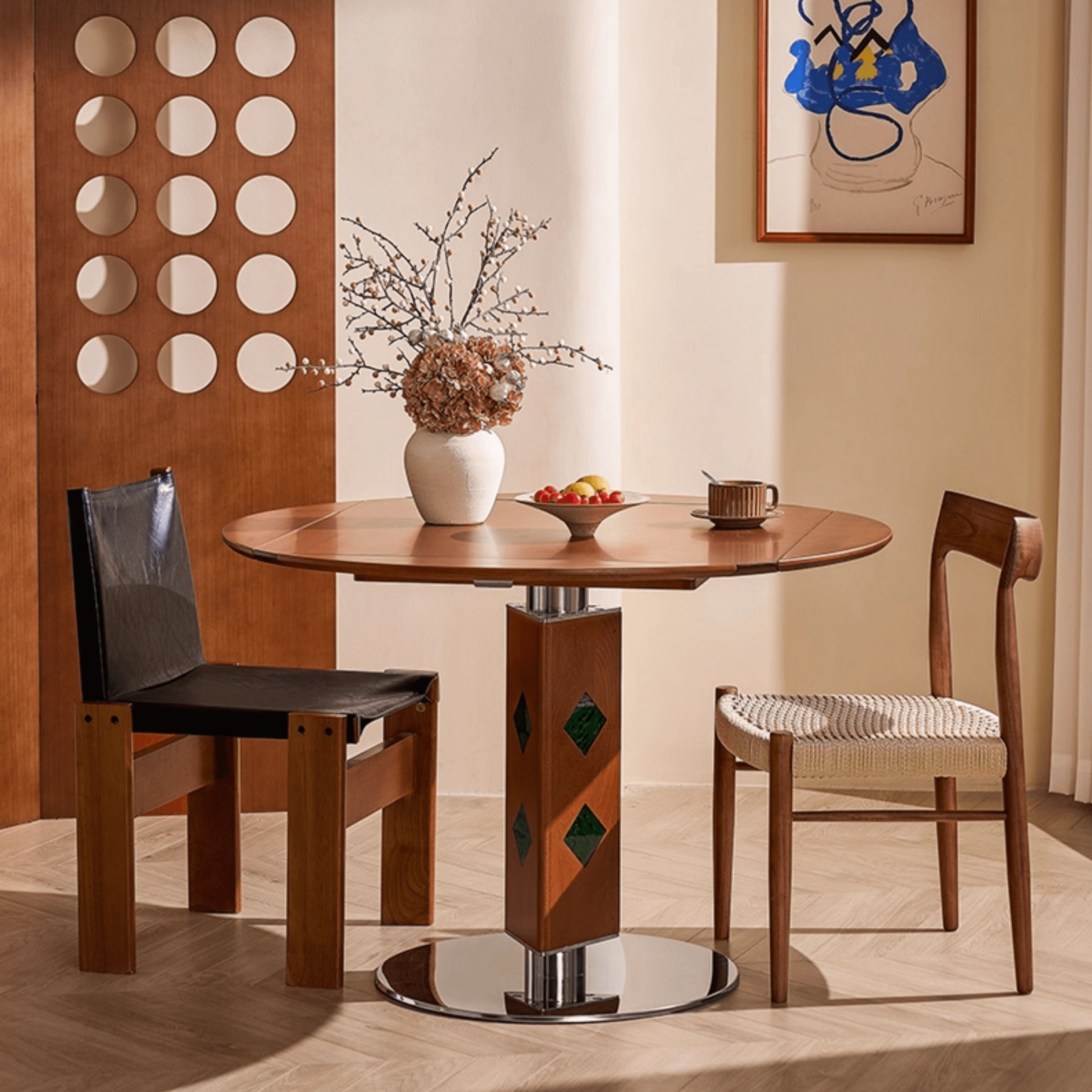 Solid Wood Convertible Foldable Dining Table, Square to Round