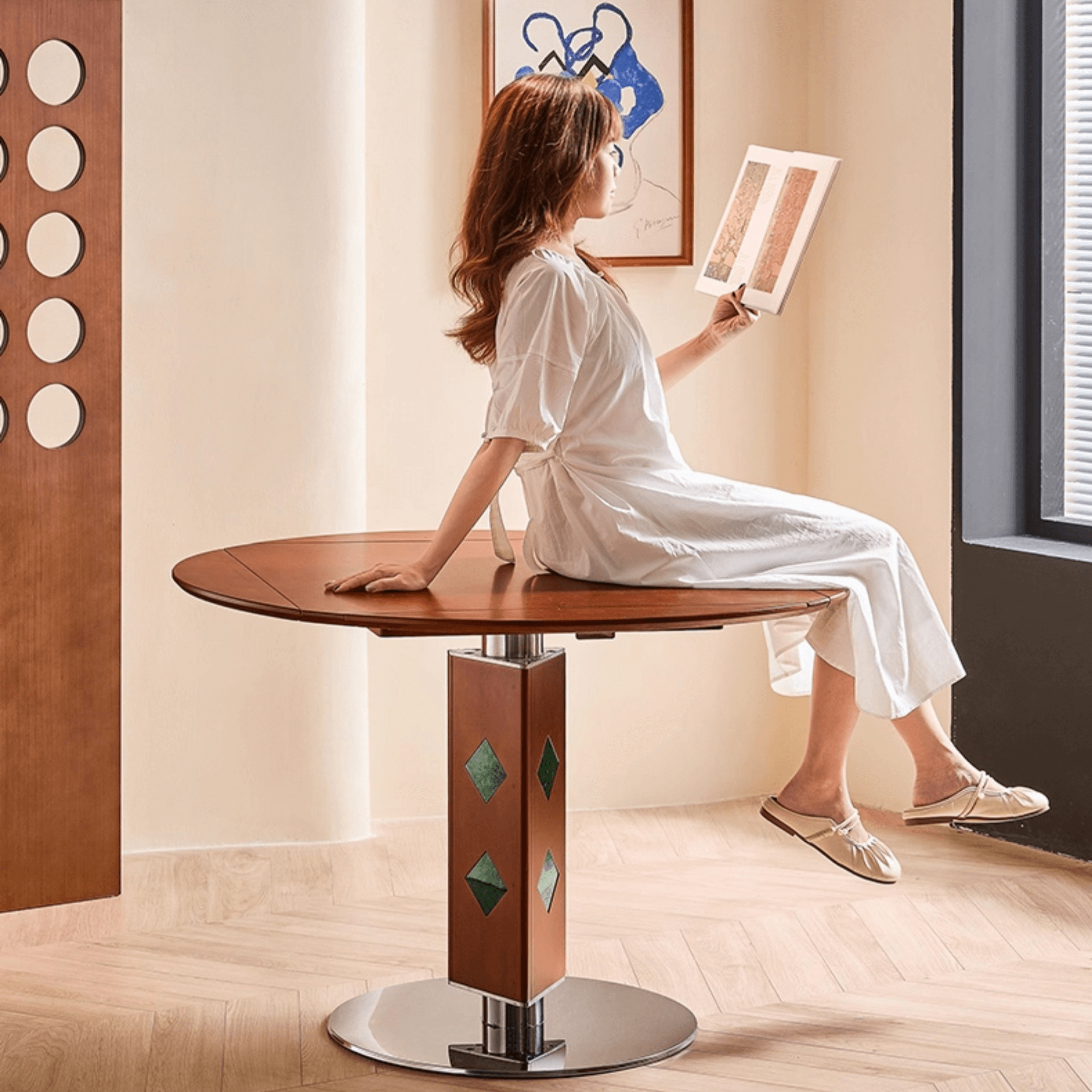 Solid Wood Convertible Foldable Dining Table, Square to Round