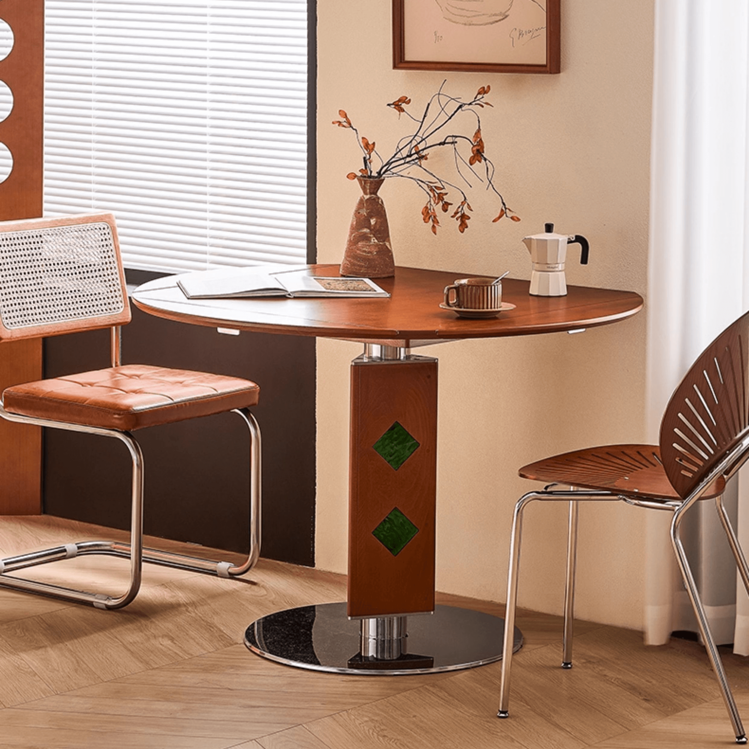 Solid Wood Convertible Foldable Dining Table, Square to Round