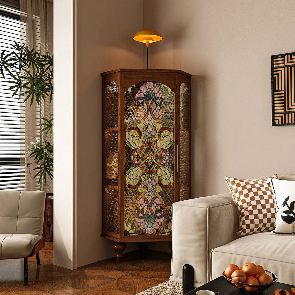 Solid Wood Corner Cabinet With Stained Glass and Carved Vintage Detail Image secondaire du produit