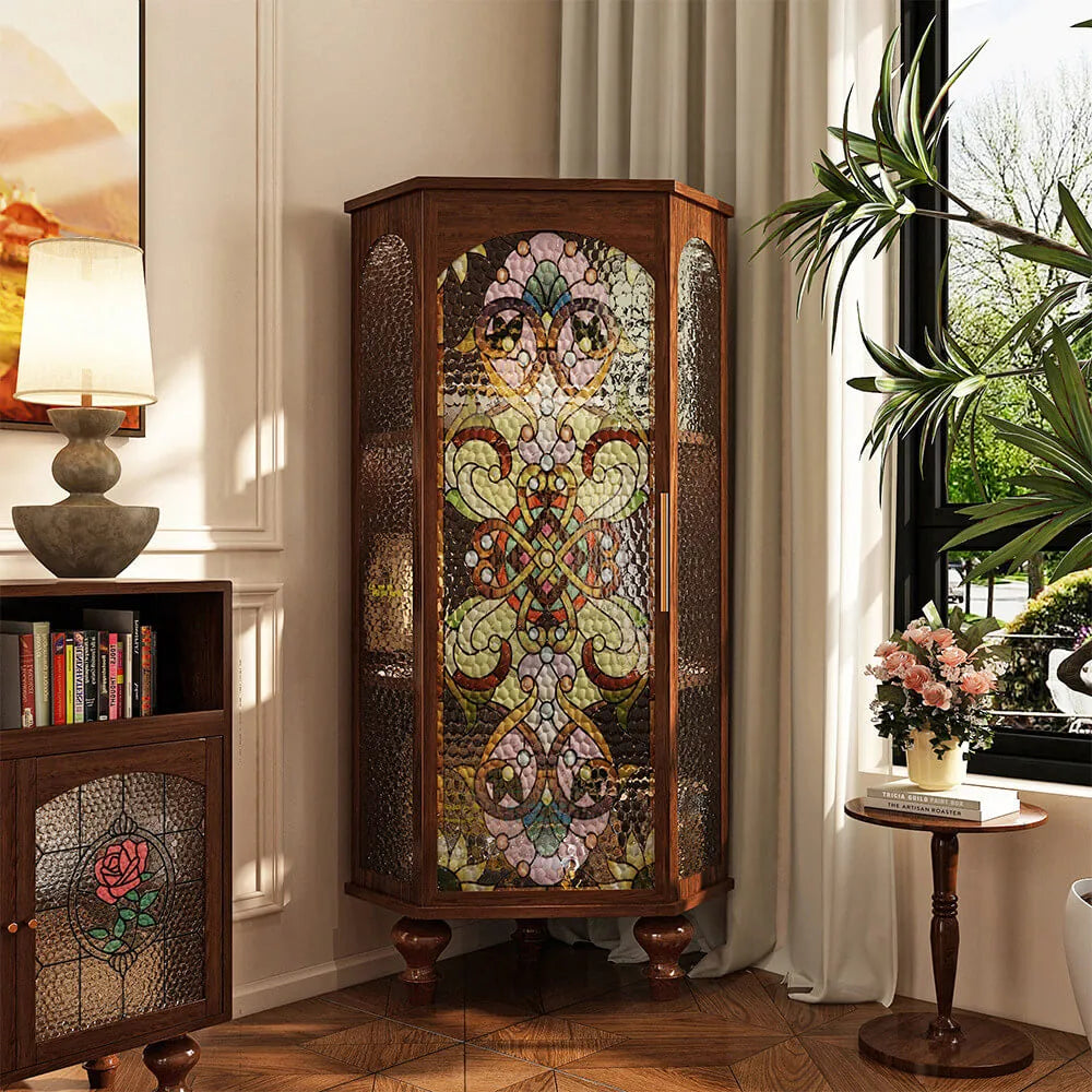 Solid Wood Corner Cabinet With Stained Glass and Carved Vintage Detail Main Product Image Image principale du produit