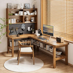 Solid Wood Corner Space-Saving Office Desk With Open Shelves