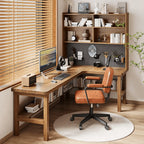 Solid Wood Corner Space-Saving Office Desk With Open Shelves