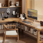 Solid Wood Corner Space-Saving Office Desk With Open Shelves