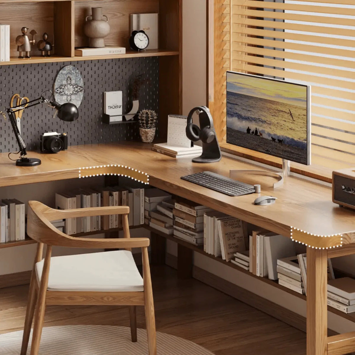 Solid Wood Corner Space-Saving Office Desk With Open Shelves