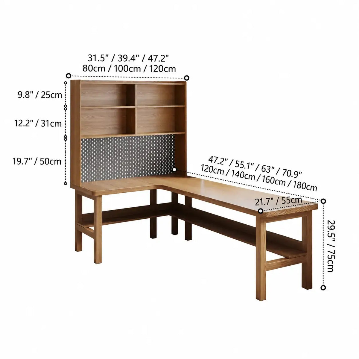 Solid Wood Corner Space-Saving Office Desk With Open Shelves Dimensions