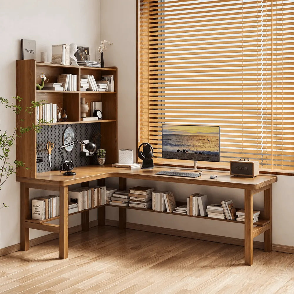 Solid Wood Corner Space-Saving Office Desk With Open Shelves Main Product Image