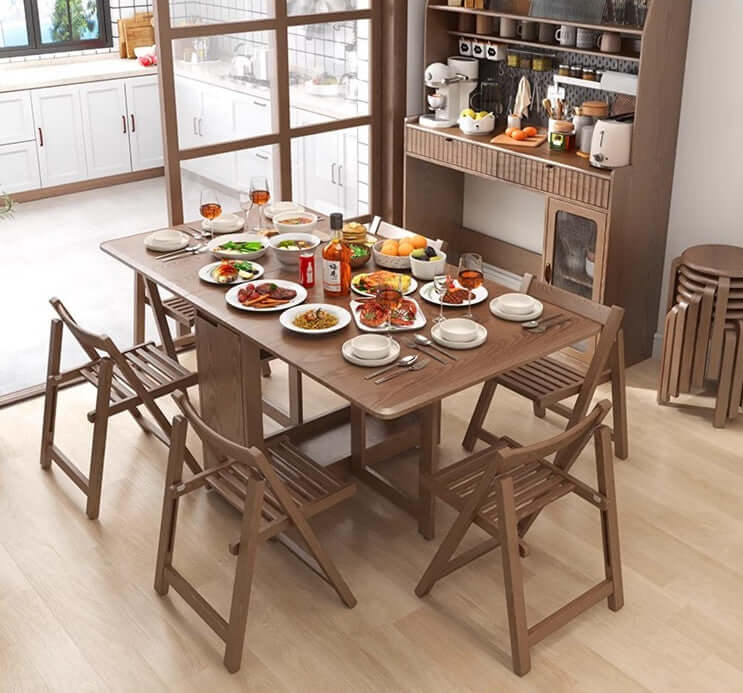 Solid Wood Dining Set - Walnut, 55in Table + 4 Chairs