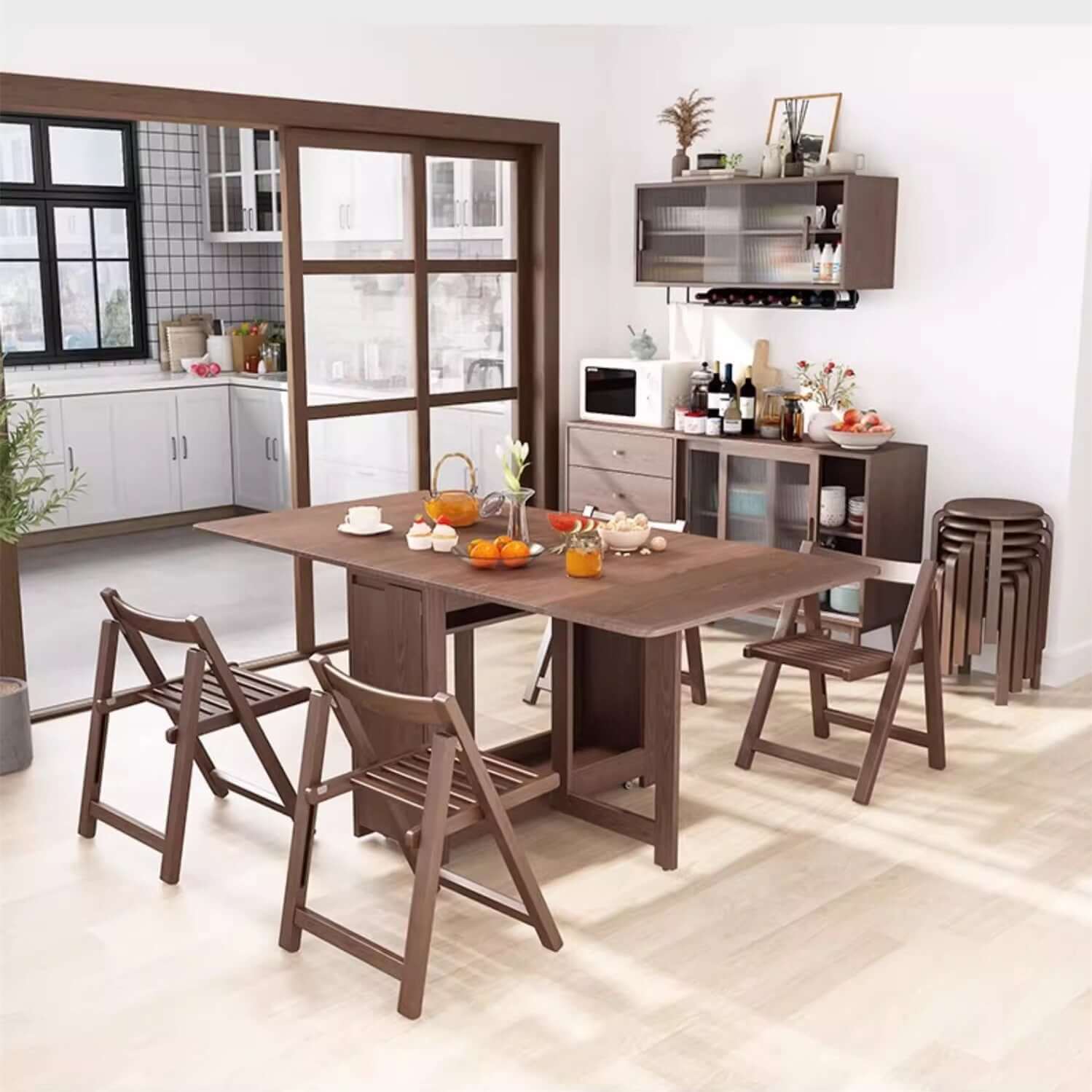 Solid Wood Dining Set - Walnut, 55in Table + 4 Chairs