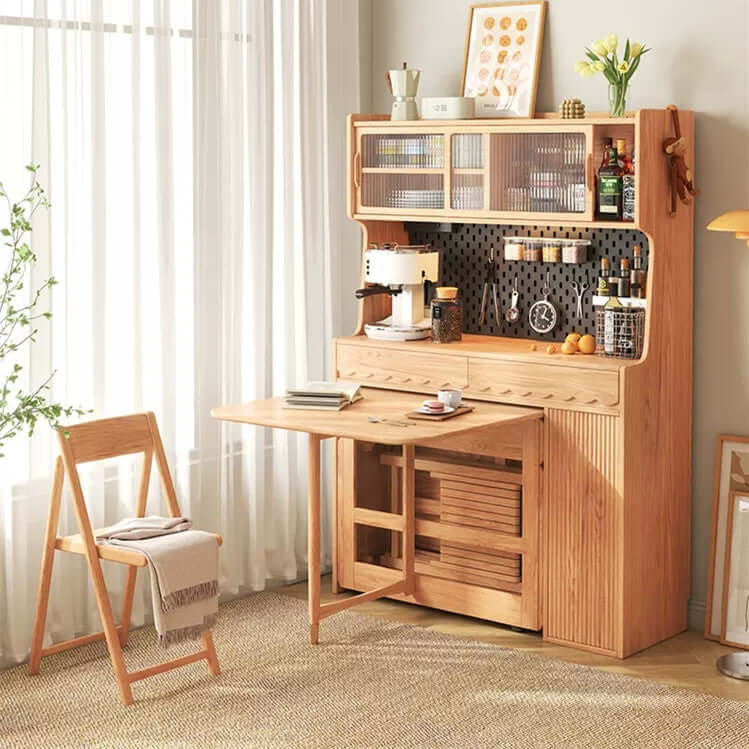 Solid Wood Drop Leaf Dining Set With Storage Cabinet